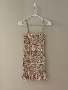 Smocked Floral Ruffle Mini Dress in Cream with Multi-Color Dots